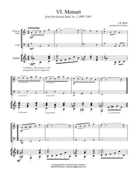 Menuet Suite 2 BWV 1067 For Violin Cello And Guitar Arr K Krantz