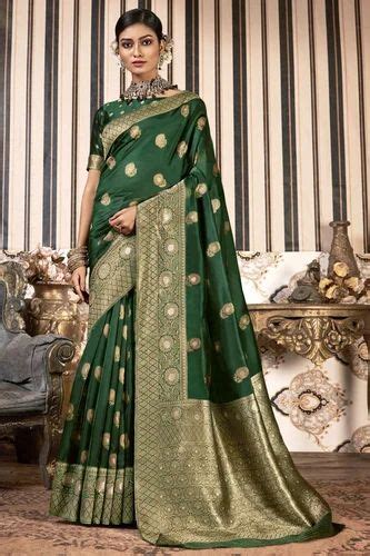 Admyrin Green Silk Woven Designer Party Wear Saree With Blouse Piece At