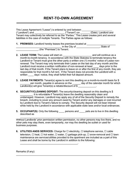 Rent To Own Agreement Template Download