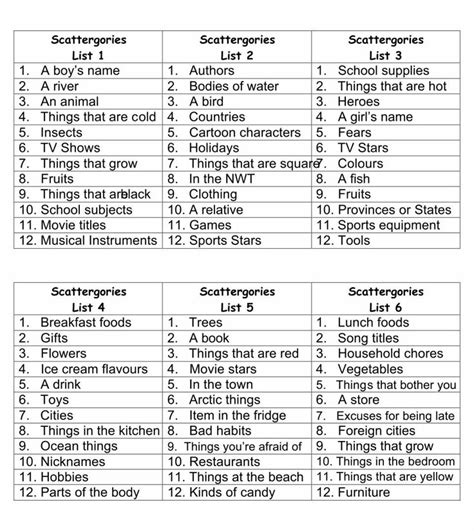 Free Printable Scattergories Lists 