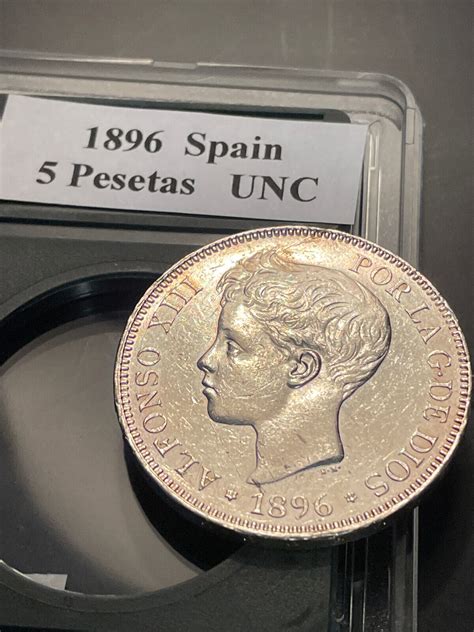 1896 5 Pesetas Spain World Silver Crown Size Coin Alfonso XIII W