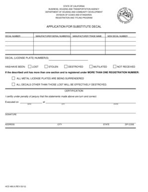 Fillable Online Hcd Ca Application For Substitute Decal Department Of