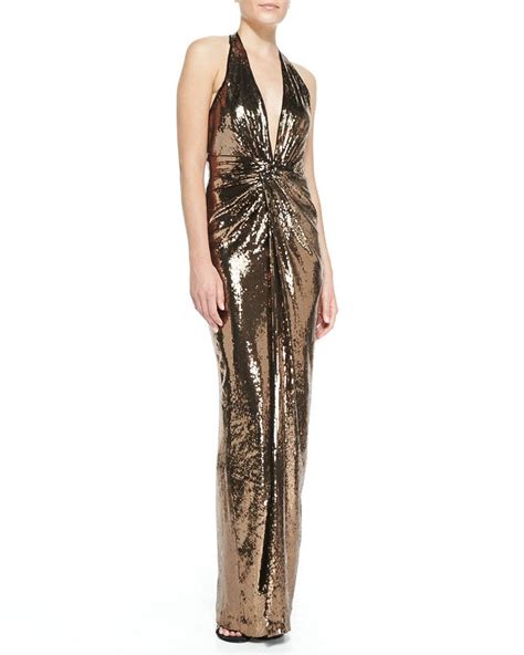 Nye Halston Heritage Metallic Sequined V Neck Halter Gown Bronze