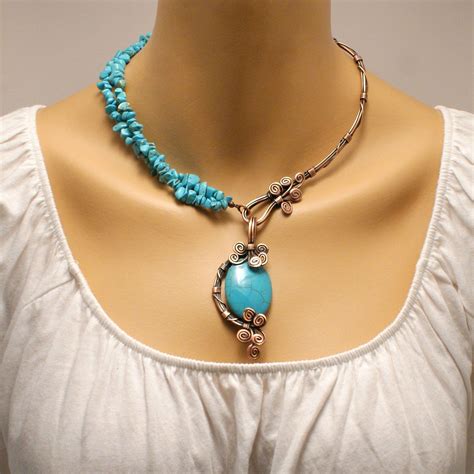 Boho Turquoise Necklace Copper Turquoise Jewelry Copper Etsy Blue Gemstone Necklace