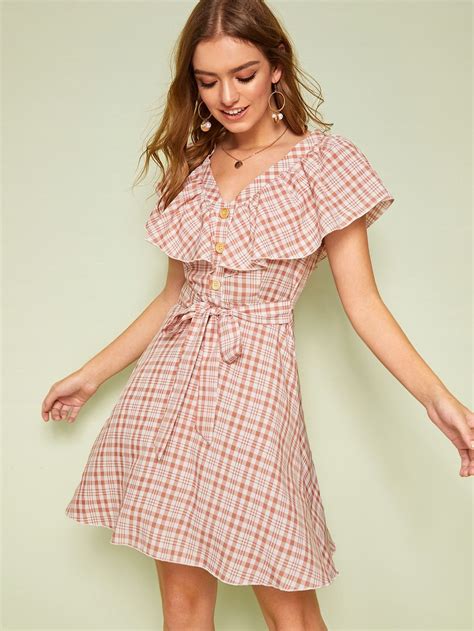 Gingham Ruffle Trim Button Front Belted Dress Belted Dress Polyester