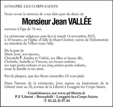 Avis De Décès De Jean VallÉe Pompes Funèbres Liberté Brusadelli