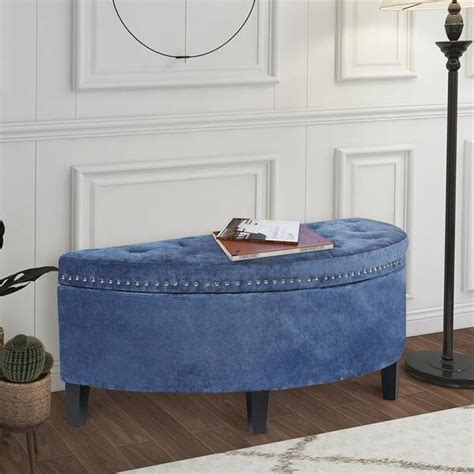 435 In Flip Top Half Moon Blue Velvet Upholstered Storage Bench