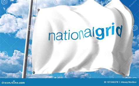 Waving Flag With National Grid Plc Logo Against Clouds And Sky