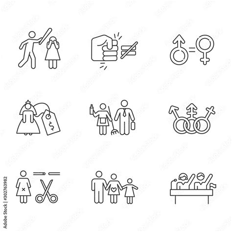 Gender Equality Linear Icons Set Violance Against Woman Gender