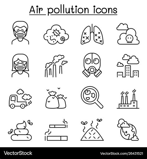 Air Pollution Icon Set In Thin Line Style Vector Image