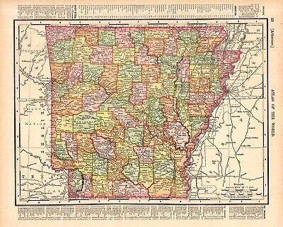 1902 Antique ARKANSAS State Map Vintage Rand McNally Atlas Map Of