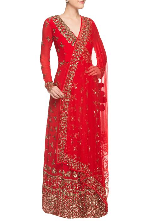 Buy Red Embellished Sequin V Neck Anarkali With Dupatta For Women By