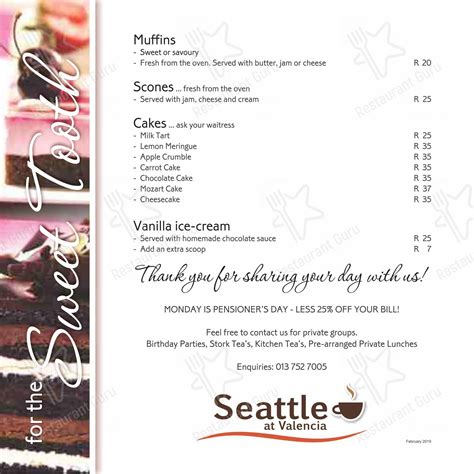 Menu at Seattle Coffee Shop at Valencia, Nelspruit