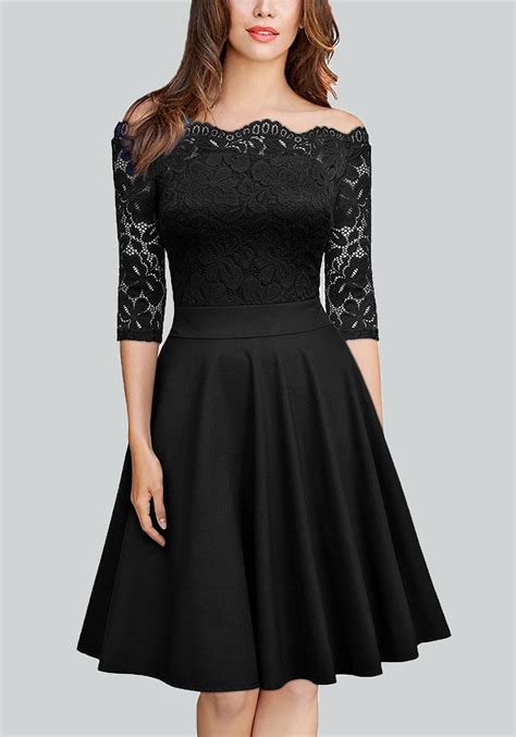 Schwarz Off Shoulder Schulterfrei Langarm Elegante Knielange Midikleid