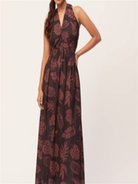 Buy Moomaya Floral Printed Halter Neck Gathered Maxi A Line Dress