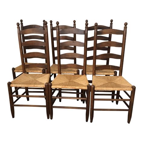 Vintage Ladder Back Rush Seat Dining Chairs Set Of 6 Chairish