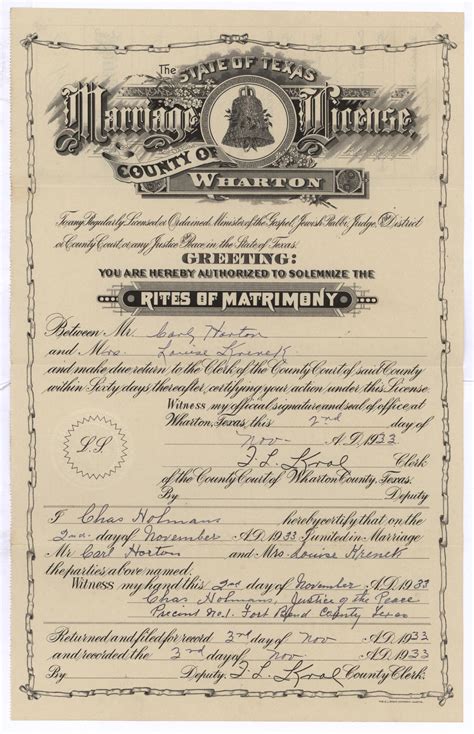 Marriage License Of Carl Harton And Anna Krenek The Portal To Texas History