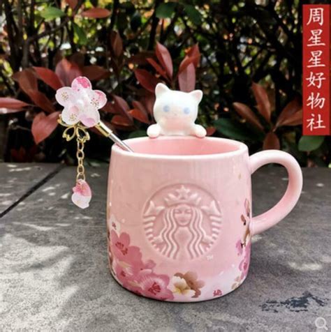 Starbucks Cute Pink Sakura Cat Coffee Mug W Stick Rod Cup