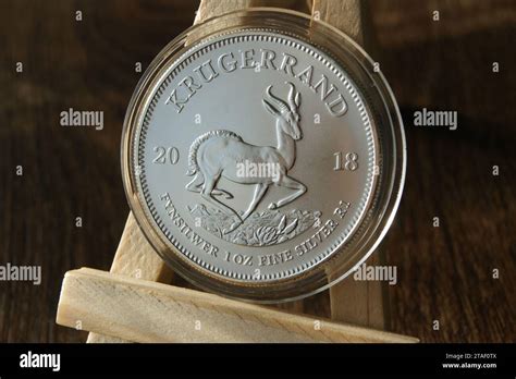 Silver investment coin in capsule. Silver Krugerrand 1 Rand 2018 South Africa. Close up Stock ...