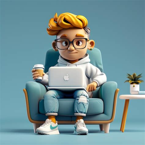 Ilustração 3D de homem feliz sorridente laptop sentado em uma