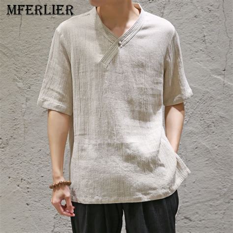 MFERLIER 2018 Vintage Summer T Shirt Men Cotton Linen Size M 5XL V Neck