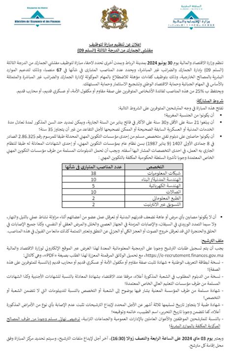 وزارة الاقتصاد والمالية مباراة لتوظيف 67 مفتش الجمارك من الدرجة