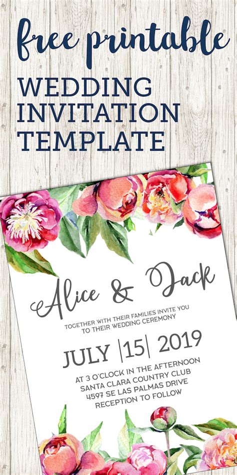 Free Wedding Invitation Template Floral Peonies Paper Trail Design