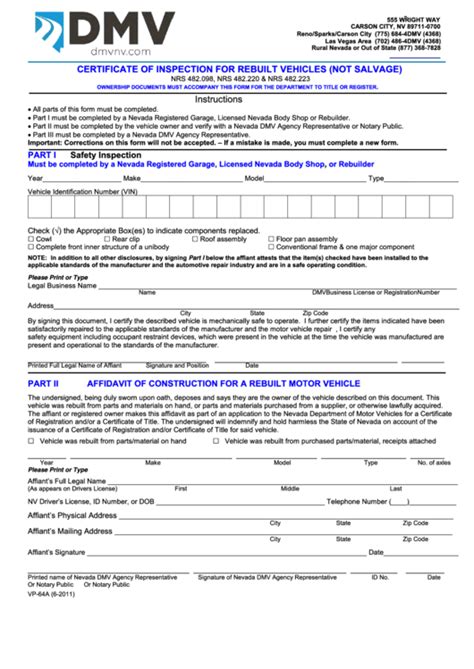 Form Vp 64a Certificate Of Inspection For Rebuilt Vehicles Not