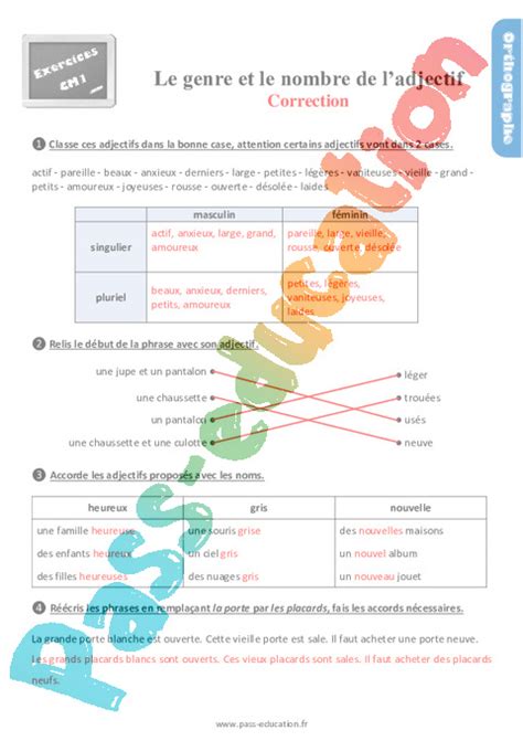 Le Genre Et Le Nombre De Ladjectif Exercices Révisions 4eme Primaire Pdf à Imprimer