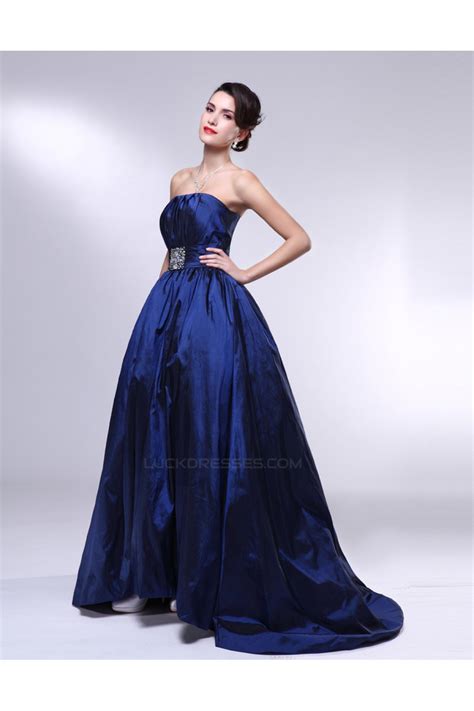 A Line Strapless Beaded Blue Taffeta Prom Evening Formal Dresses Ed011006