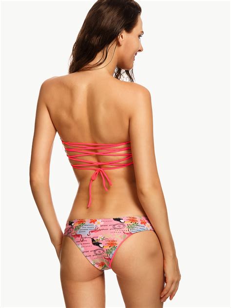 Pink Printed Ladder Cut Bandeau Bikini Set SheIn Sheinside