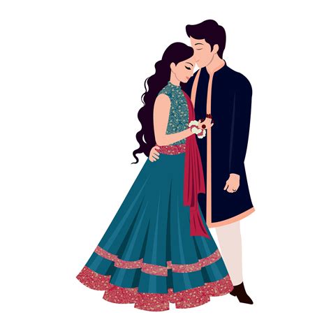 Vector vector cute indian couple cartoon in traditional dress posing for wedding invitation card ...