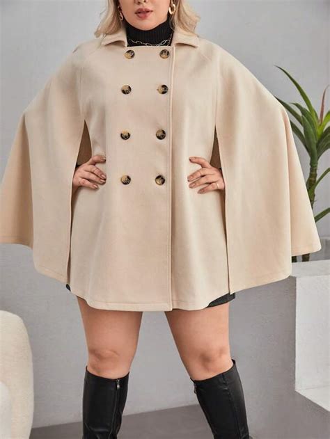 SHEIN Essnce Plus Double Breasted Cloak Sleeve Cape Overcoat SHEIN USA