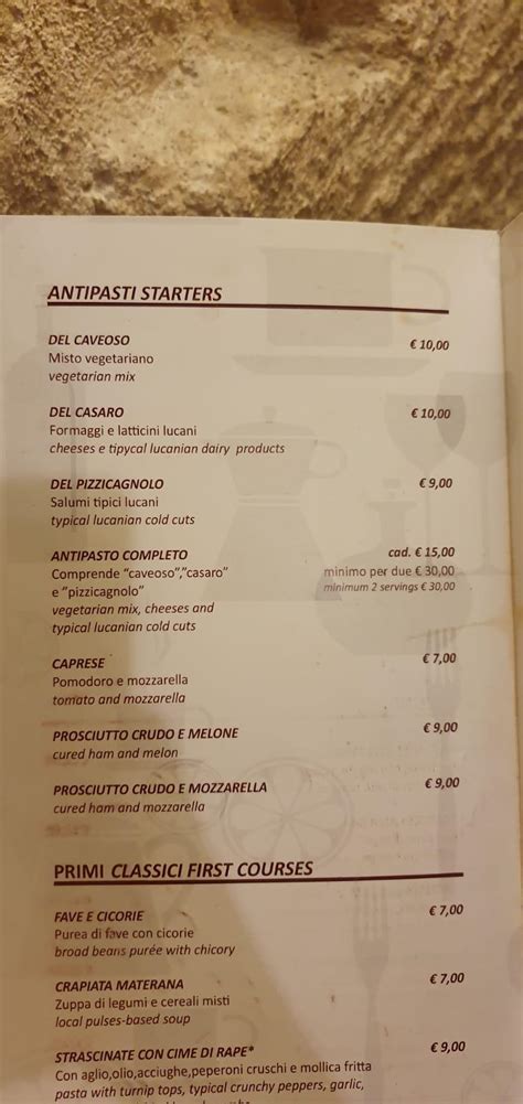 Menu At Trattoria Del Caveoso Restaurant Matera