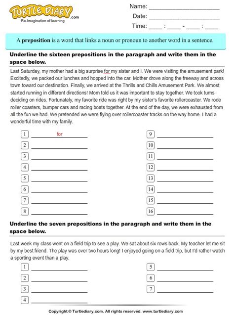 Underline Prepositions In The Paragraph Preposition Worksheets