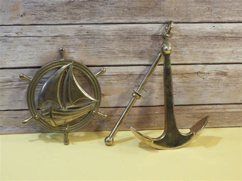 Vintage Nautical Brass Decor 2 Pcs Gold Captains Wheel Key Coat Hook Solid Brass Anchor Paper