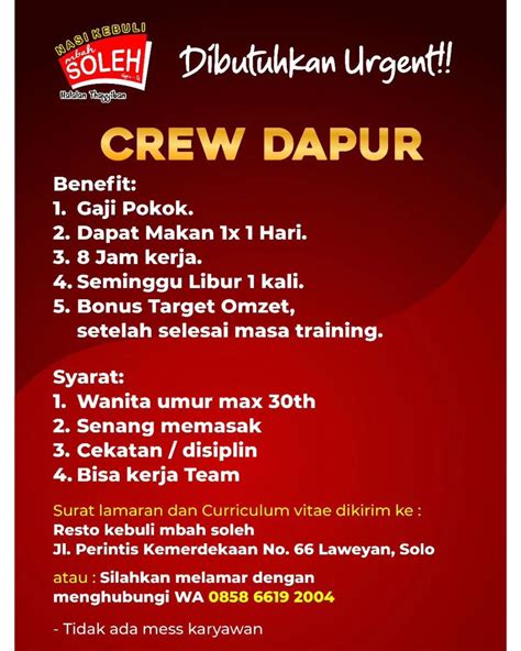 Lowongan Kerja April 2024 Crew Kitchen Nasi Kebuli Mbah Soleh Di Solo