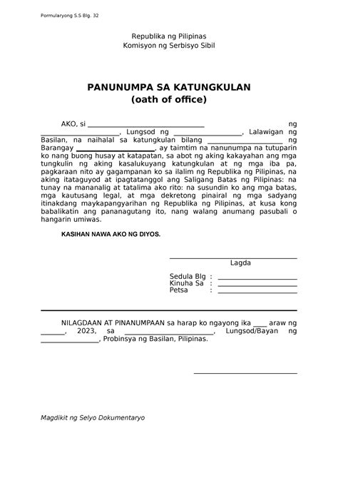 Panunumpa Sa Katungkulan Elected Pormularyong S Blg 32 Republika Ng