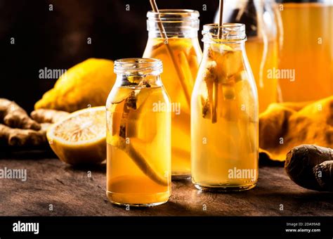 Fermented Raw Kombucha Healthy Drink With Raw Ginger And Lemon Tea