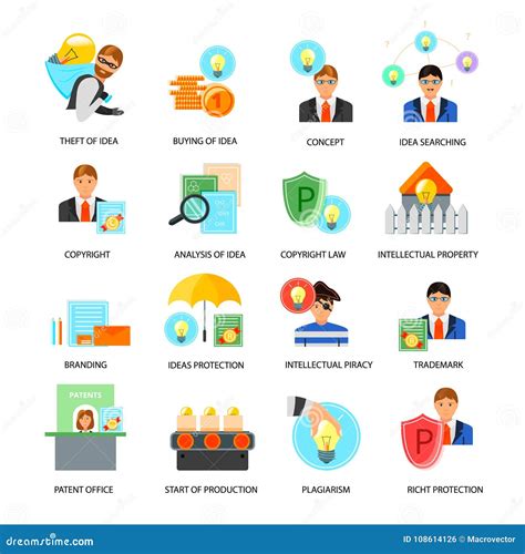 Intellectual Property Flat Icons Set Stock Vector Illustration Of