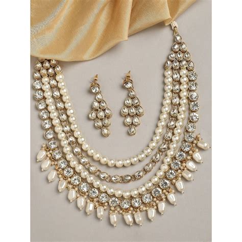 Buy Oomph Gold Kundan And Pearls Necklace Set Multi Layer Ethnic Mala