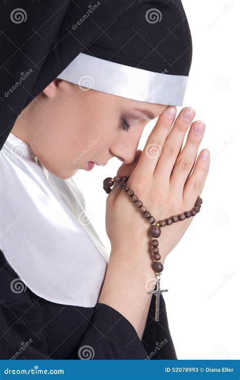 Portrait Of Young Beautiful Woman Nun Praying With Rosary Isolat Stock Photo - Image: 52078993