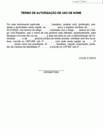 Referência de Termo de Autorização de Uso de Nome Modelo Gratuito