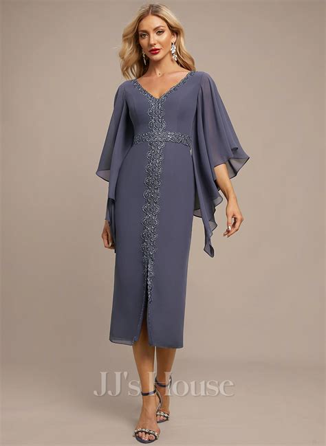 Sheath Column V Neck Tea Length Chiffon Evening Dress With Rhinestone