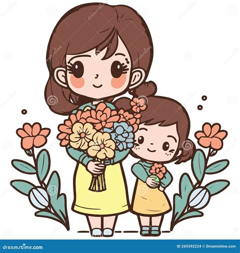 Cute Mom and Daughter Holding Flower Bouquet Stock Vector