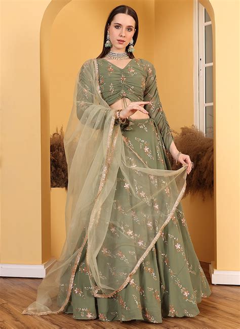 Shop Teen Girls Green Georgette Embroidered Lehenga Set Wedding Wear