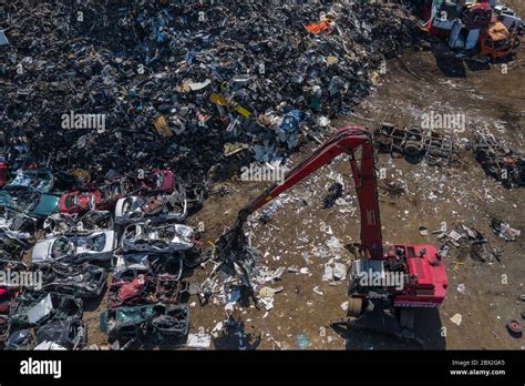 Scrapyard Aerial View Old Rusty Corroded Cars In Car Junkyard Car