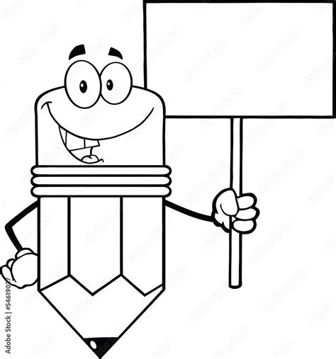 Outlined Pencil Cartoon Character Holding A Blank Sign Stock Vector