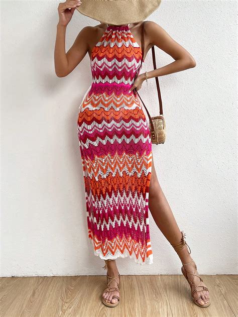 Shein Swim Bohofeel Chevron Print Split Thigh Halter Neck Cover Up