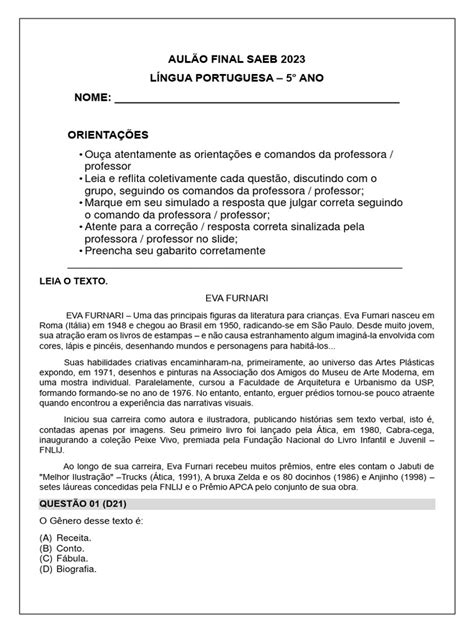 Prova Saeb 2023 Pdf Português - Simulado SAEB 2023: Português 5º Ano | PDF